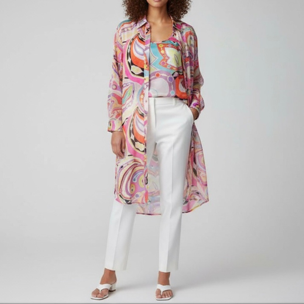 NWT Caroline Rose XS Silk Twin Set Psychedelic Tunic Shell Sheer Y2K Resort Lux
